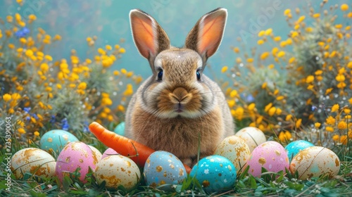 a rabbit sitting in the grass next to a pile of eggs with carrots and daisies in the background.