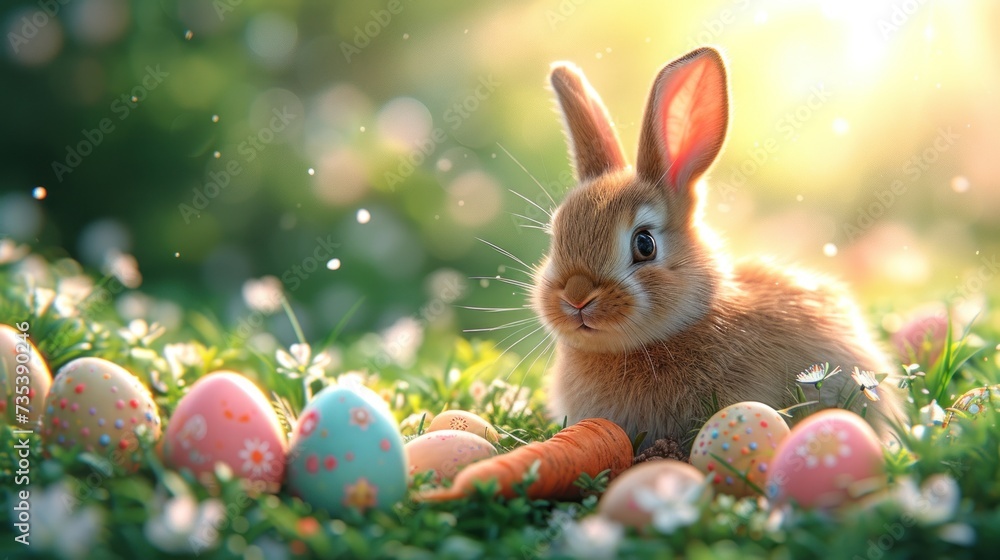 a rabbit sitting in the grass next to a group of eggs and carrots with the sun shining through the trees in the background. a rabbit sitting in the grass next to a group of eggs and carrots with the sun shining through the trees in the background.