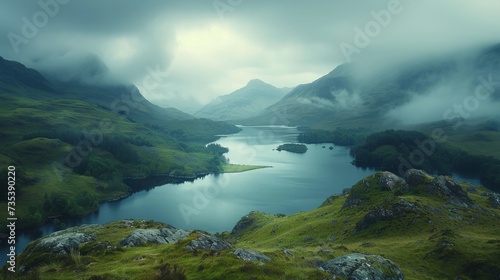 The rugged beauty of the Scottish Highlands, with mist-shrouded mountains and shimmering lochs stretching