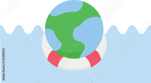 Globe float with a lifebuoy in a sea and climate environment concept,
