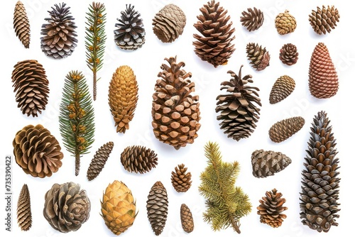 Collection of various pine cones and needles on white