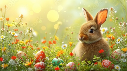 a rabbit sitting in a field of flowers and grass with eggs in the grass and daisies in the foreground.