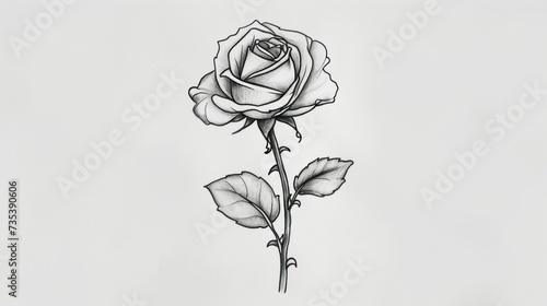 Fototapeta Naklejka Na Ścianę i Meble -  Detailed sketch of a blooming rose with leaves on a stem