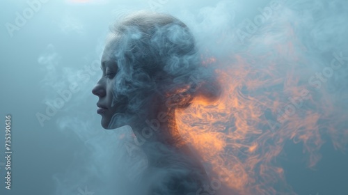 a woman's face is obscured by a cloud of smoke as the sun shines brightly in the background.