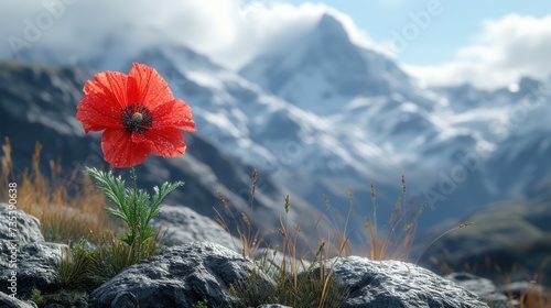 a large red flower sitting on top of a lush green field next to a mountain covered in snow covered mountains. photo