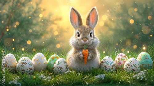 a painting of a bunny holding a carrot in front of a row of decorated eggs in a field of grass.