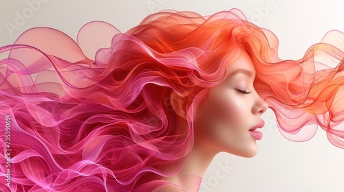 a close up of a woman's face with her hair blowing in the wind, with a white background. photo