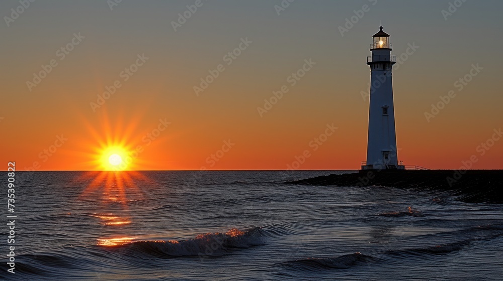 a lighthouse in the middle of a body of water with the sun setting in the middle of the ocean behind it.