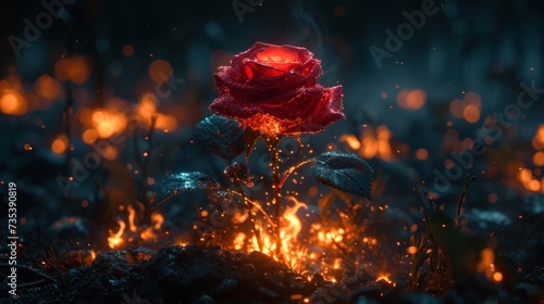 a red rose sitting in the middle of a field of grass with fire coming out of the ground behind it.