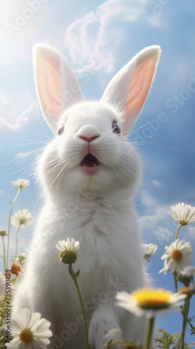 White Rabbit Sitting in a Field of Daisies