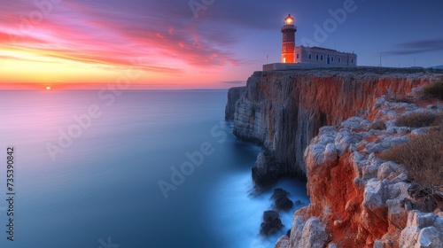 a lighthouse sitting on the edge of a cliff next to a body of water with a sunset in the background.