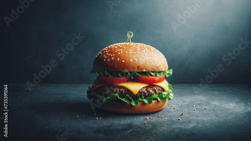 Gourmet gourmet burger with a juicy cutlet, fresh vegetables and delicious cheese on a dark background
