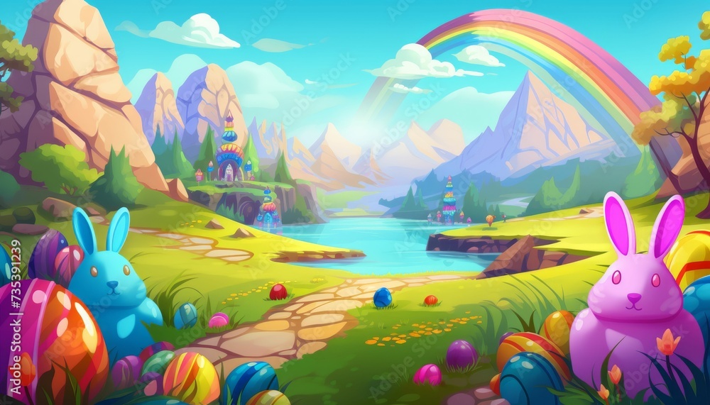 Colorful Landscape With Bunnies and Rainbow
