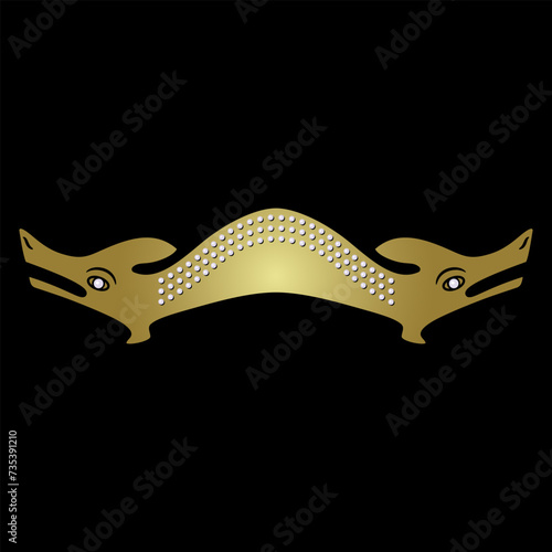 A'yahos. Native American snake monster with two heads. Seattle's earthquake serpent spirit. Indigenous mythological creature. Golden glossy silhouette with pearl beads on black background. 