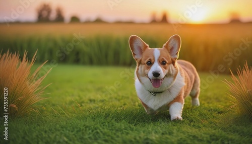 corgi dog, dog at dawn, purebred dog in nature, happy dog, beautiful dog