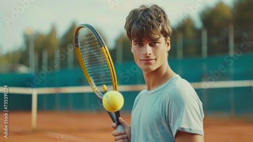 A young handsome male tennis player holds a tennis racket and a yellow tennis ball in his hands © yganko