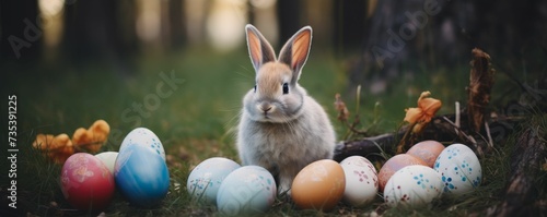 Rabbit Sitting in Grass Next to Bunch of Eggs