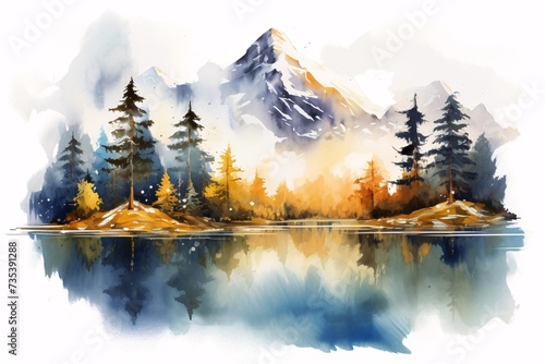 watercolor of a lake with trees and mountains in the background