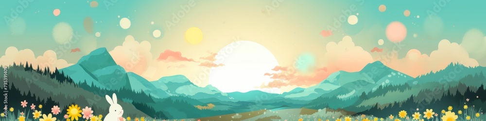 Mountain Scene Painting With Foreground Rabbit