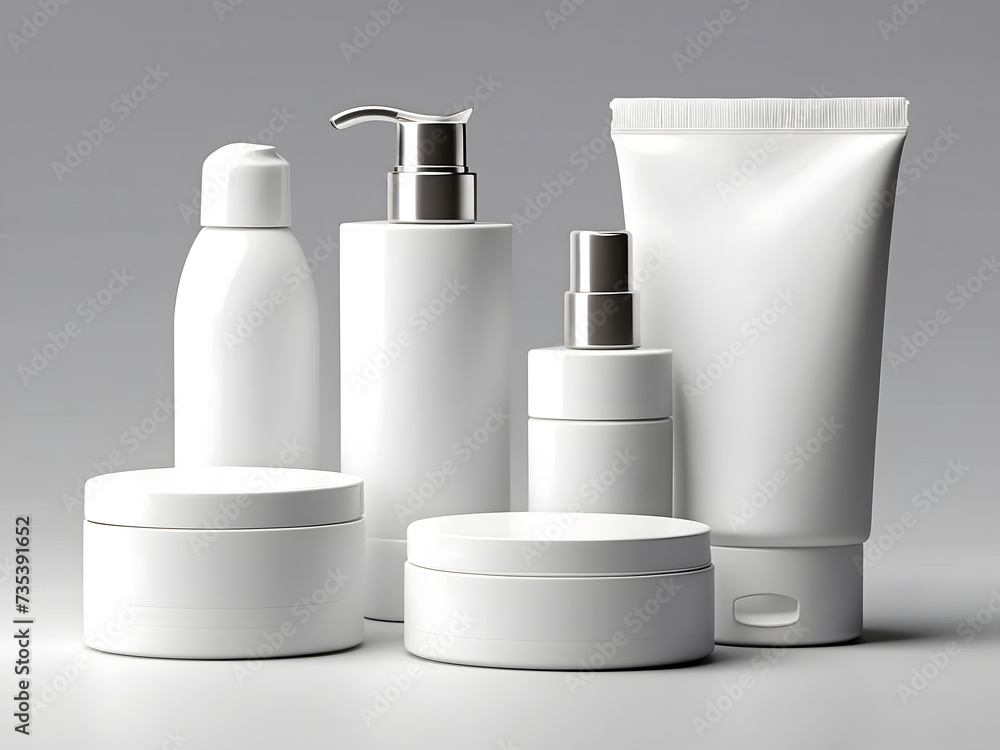 Mockup design white set featuring blank cosmetic packaging designs. Mockup design white set featuring blank cosmetic packaging designs.