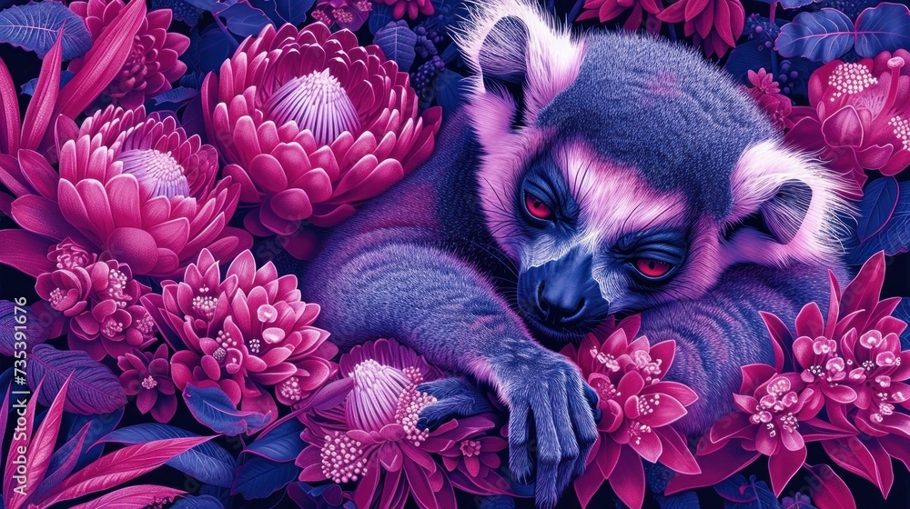 a close up of a painting of a raccoon laying on a bed of flowers with its eyes open.