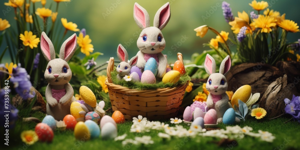 Fototapeta premium Group of Rabbits Sitting in a Basket Filled With Eggs