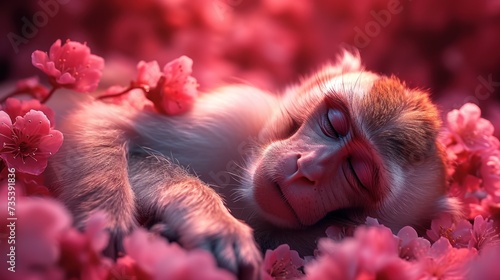 a close up of a monkey laying in a field of flowers with its head on the back of a monkey. photo