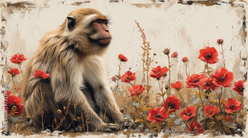 a painting of a monkey sitting in a field of flowers with red flowers in the foreground and a white background. photo