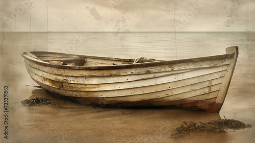 Timeless Seafarer's Companion: Vintage Wooden Rowboat Resting on a Tranquil Shore, Sepia Tones of Nautical Lore and Ocean Whispers