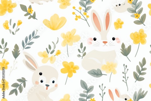 White Background With Yellow Flowers and Rabbits