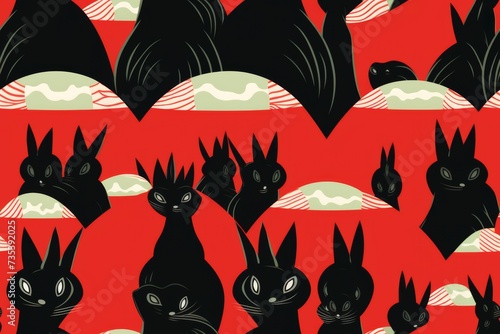 Black Cat Pattern on Red Background