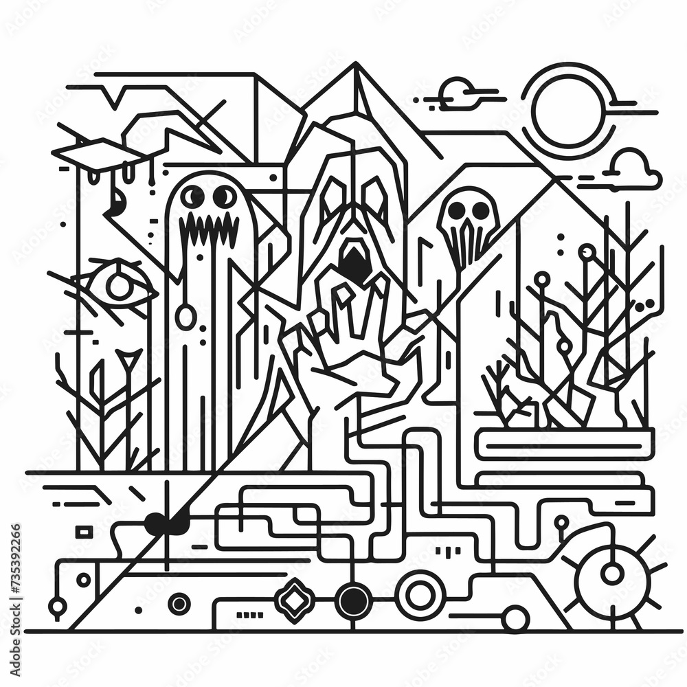 Fototapeta premium Horror Graphic: Ominous Frightening Illustration Embodying Dark Powers and Mysteries, Stimulating the Imagination and Atmosphere of Tension