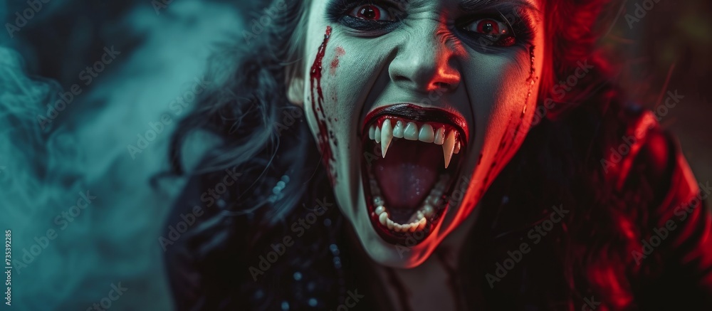 Shocked woman with open mouth emitting red light, amazed and astonished female portrait