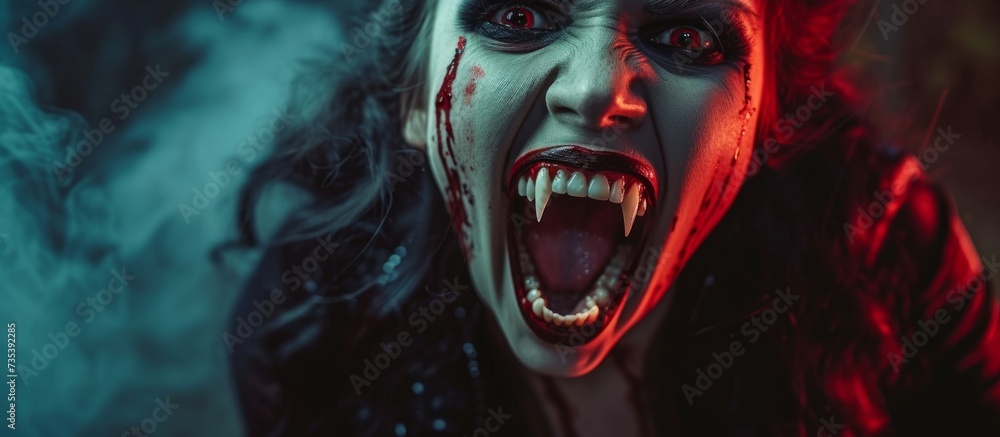 Shocked woman with open mouth emitting red light, amazed and astonished female portrait Shocked woman with open mouth emitting red light, amazed and astonished female portrait