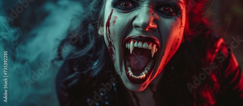 Shocked woman with open mouth emitting red light, amazed and astonished female portrait