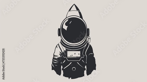 Minimalist 2D style, visual combination of helmet and rocket, astronaut-themed icon geometric simplicity, cyberpunk influences, monochrome color scheme, black and white