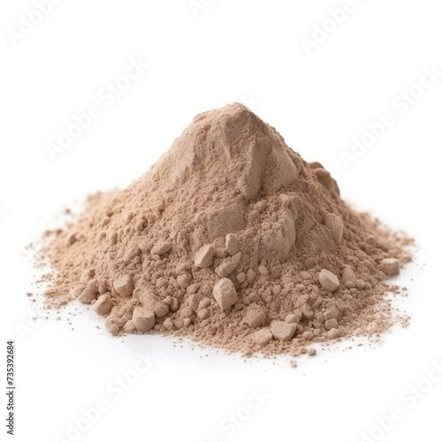 close up pile of finely dry organic fresh raw shiitake mushroom powder isolated on white background. bright colored heaps of herbal, spice or seasoning recipes clipping path. selective focus photo