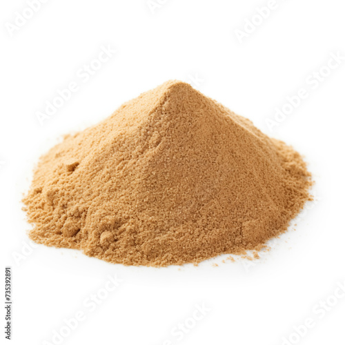close up pile of finely dry organic fresh raw shorea robusta resin powder isolated on white background. bright colored heaps of herbal, spice or seasoning recipes clipping path. selective focus photo