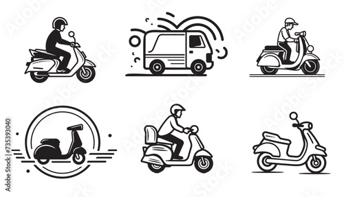 Employee riding delivery bike hand drawn outline doodle icons Motorbike and business, courier, scooter concept.