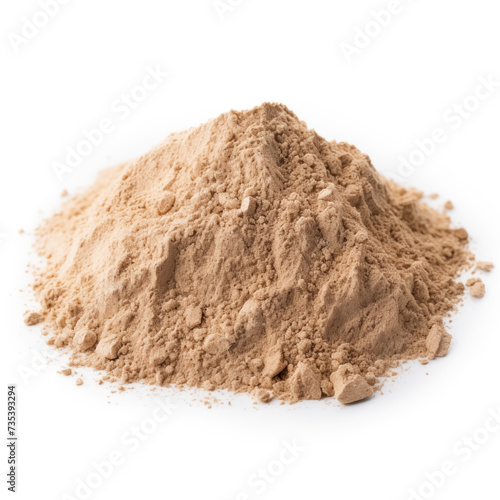 close up pile of finely dry organic fresh raw slippery elm bark powder isolated on white background. bright colored heaps of herbal, spice or seasoning recipes clipping path. selective focus photo