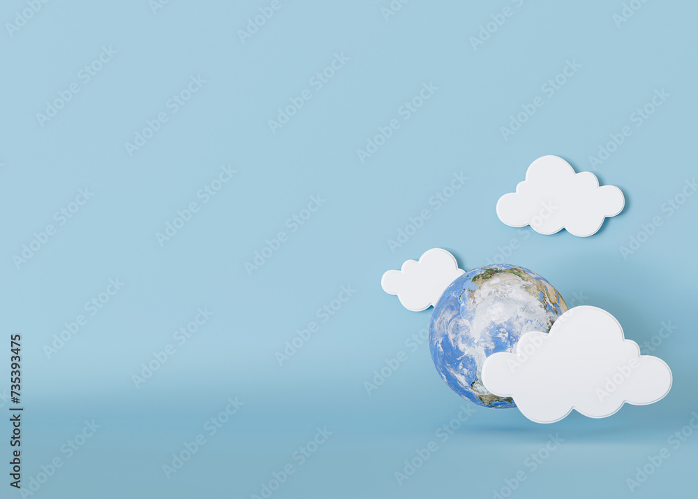 A minimalist Earth Day concept featuring a realistic Earth globe with playful white clouds on a soft blue backdrop, perfect for eco-themed adverts, with expansive copy space. 3D render. A minimalist Earth Day concept featuring a realistic Earth globe with playful white clouds on a soft blue backdrop, perfect for eco-themed adverts, with expansive copy space. 3D render.