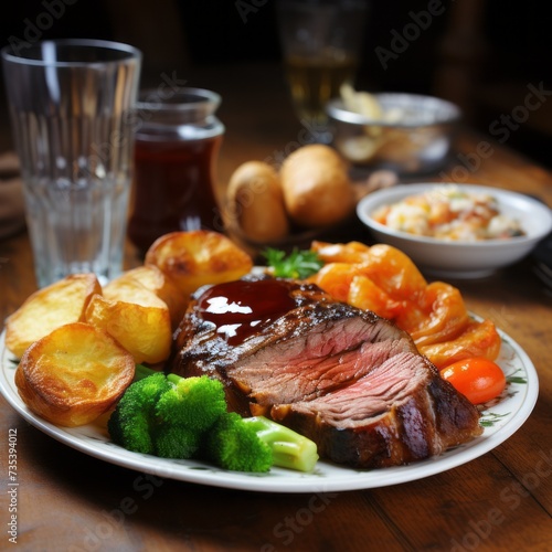 sunday roast english dinner, medium rare, vegtables 