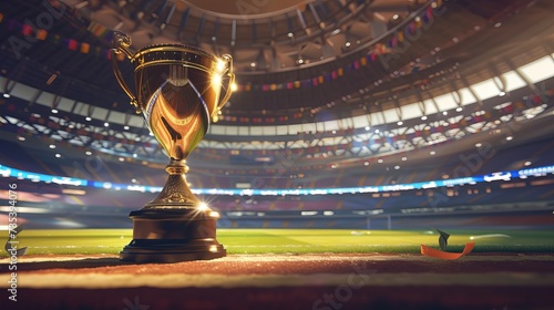 The golden cup of soccer, located in the center of a stadium for soccer