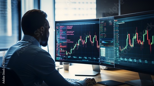 A financial analyst analyzing stock market trends and investment portfolios using advanced financial software and predictive analytics tools,  photo