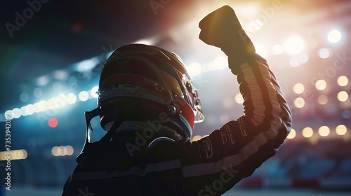 silhouette of a race car driver under the bright lights of the stadium after winning a race. photo