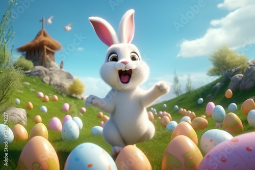 White Rabbit Standing in Field Full of Eggs