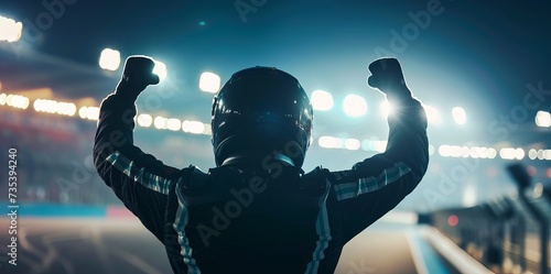 silhouette of a race car driver under the bright lights of the stadium after winning a race.