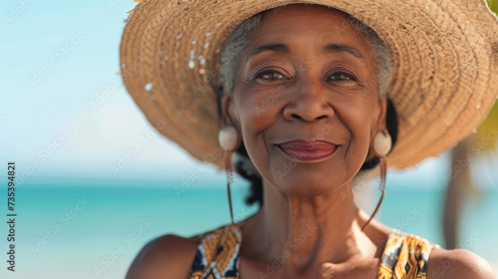 portrait of senior african american lady , blue sky background, wear in summer dress and straw hat and summer glasses, copy space on the left