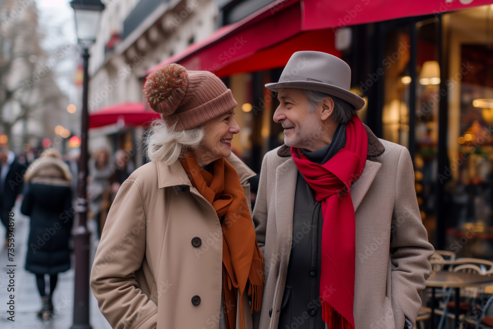 A man and a woman in beautiful stylish clothes with coats strolling along the street and drinking coffee