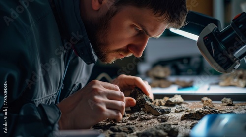 A paleontologist carefully examining a tray of sediment carefully searching for minuscule fossilized bone fragments that can provide evidence of dinosaur behavior. photo
